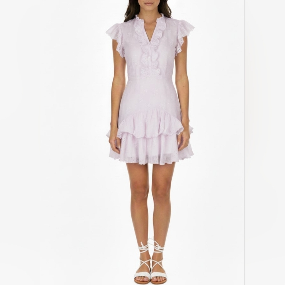 Rebecca Taylor  Cotton/ Silk Dree Embroidered Ruffle Dress Size 4 Faded Lavender